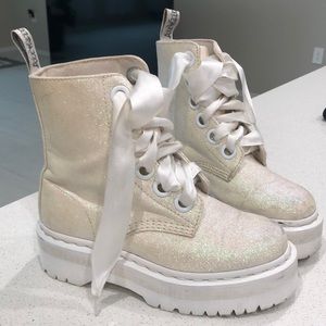 White Glitter Doc Martens Size 6 White Satin Ribbon Laces